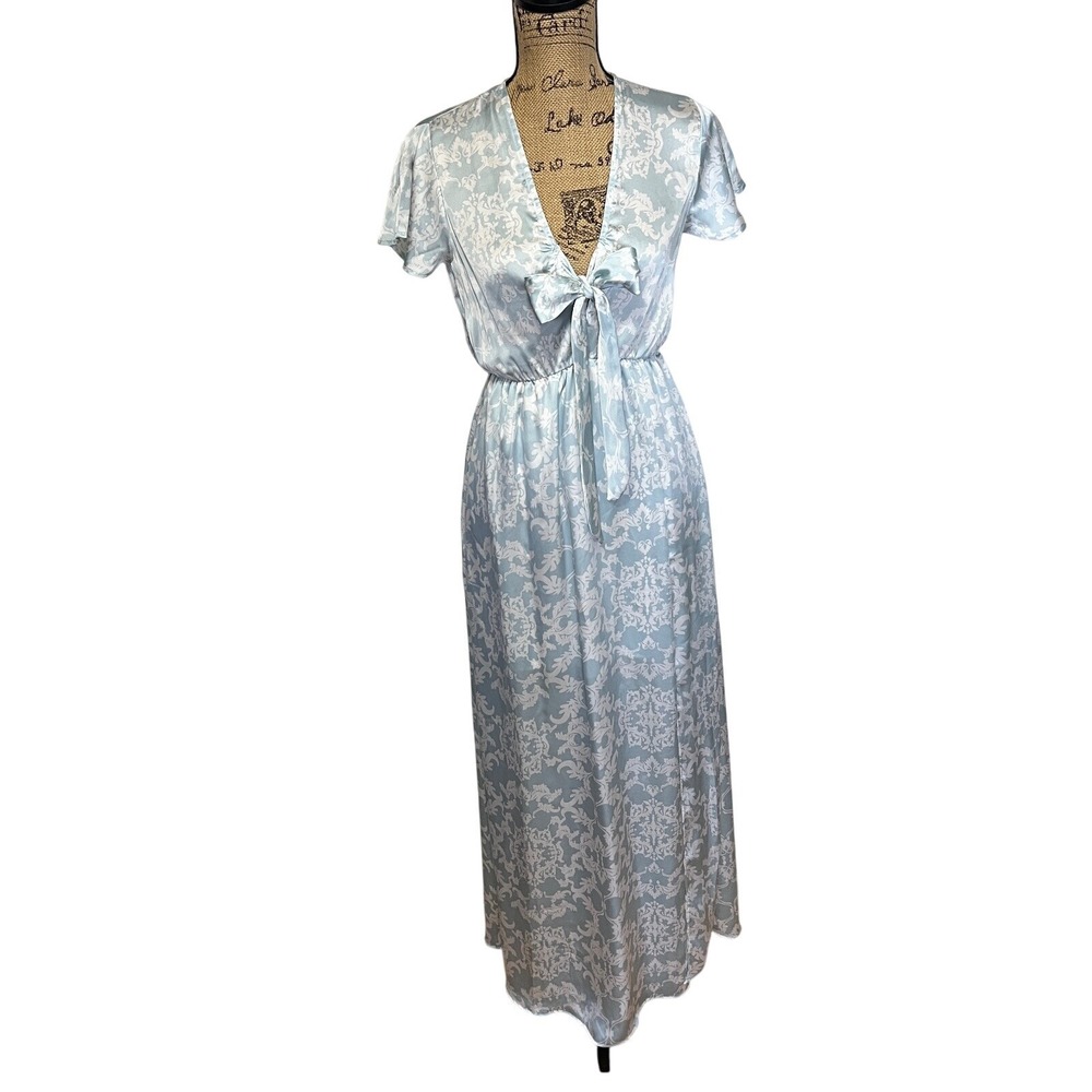 Signature Light Blue Damask Satin‎ Maxi Dress V-Neck Tie Front Womens S